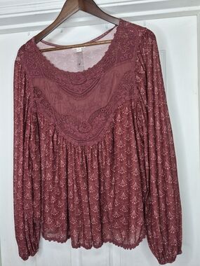 Ultra Pink Lace-Yoke Long Sleeve Top - Maroon XL
